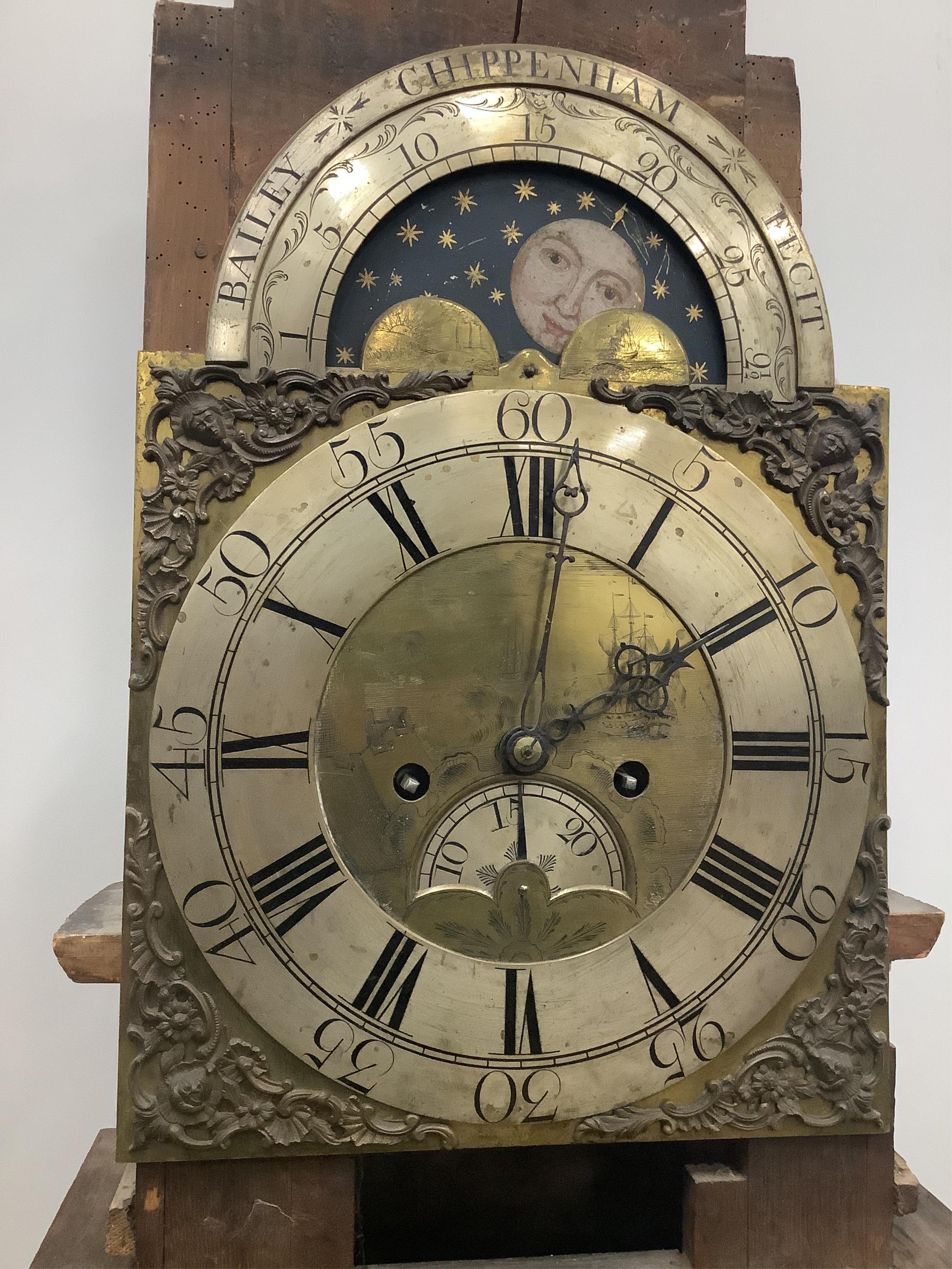 Bailey of Chippenham, a mid 18th century oak eight day longcase clock, height 203cm. Condition - fair